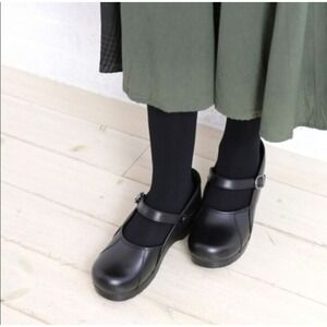 Dansko Marcelle Black Smooth Leather Mary Jane Buckle Platform Stapled Clogs 39